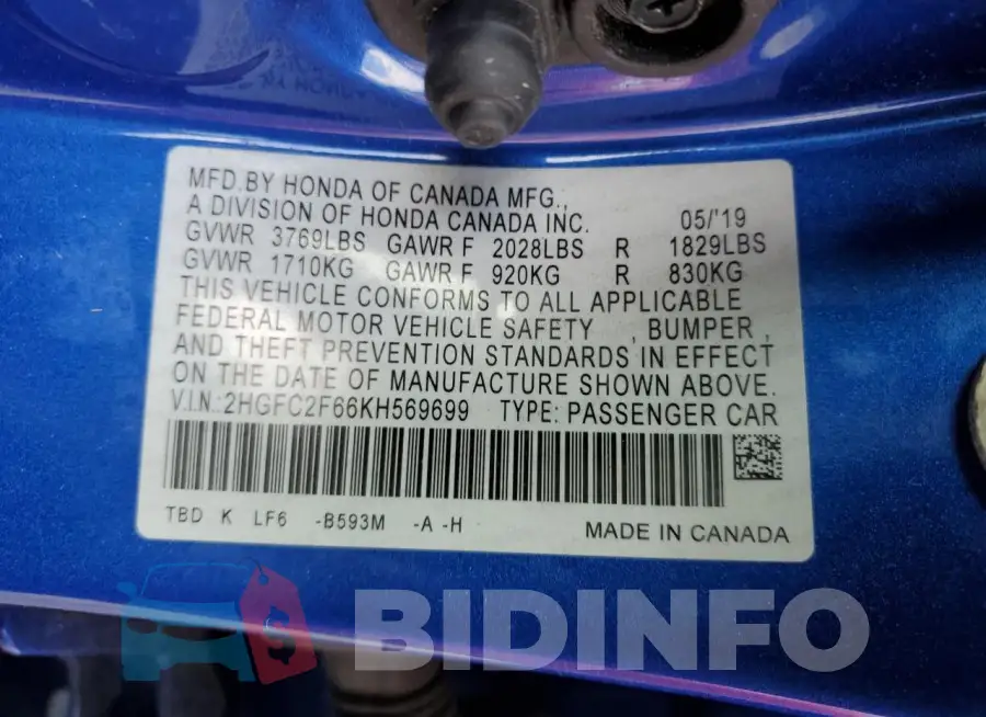 2HGFC2F66KH569699 Photo# 12