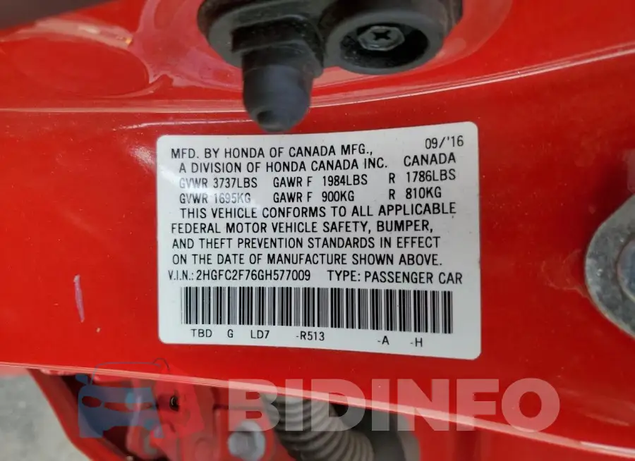 2HGFC2F76GH577009 Photo# 13