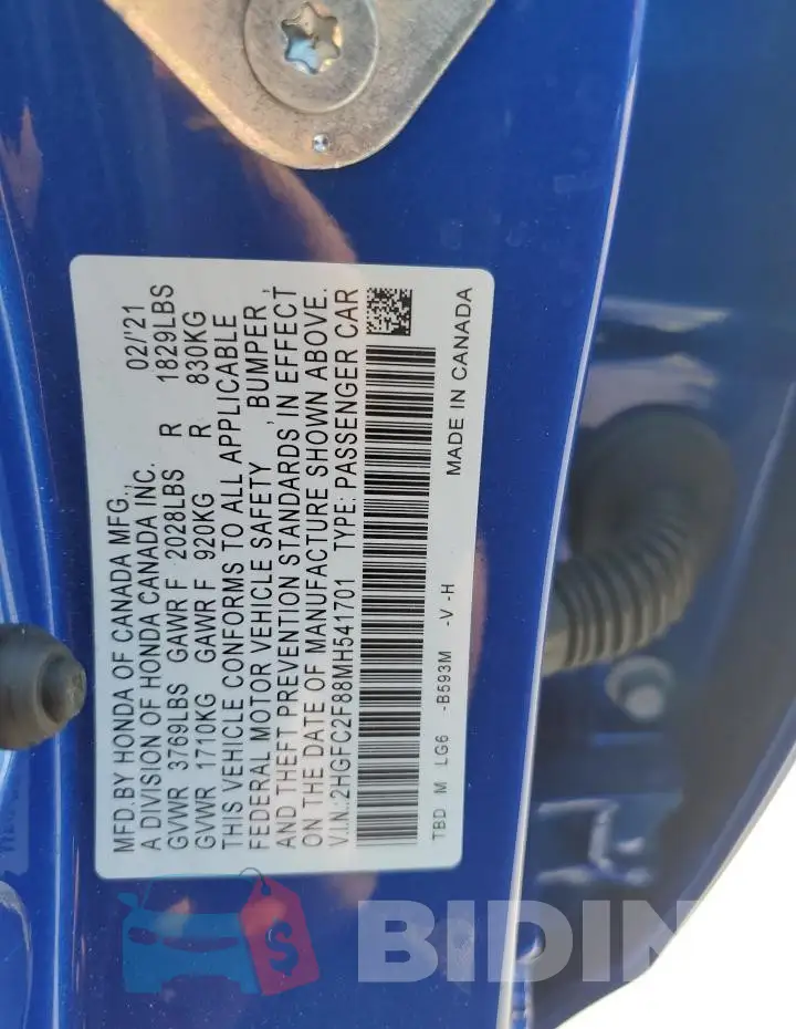 2HGFC2F88MH541701 Photo# 12