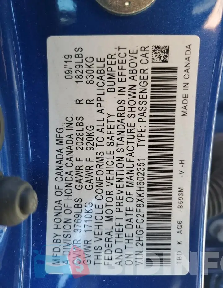 2HGFC2F8XKH602351 Photo# 12