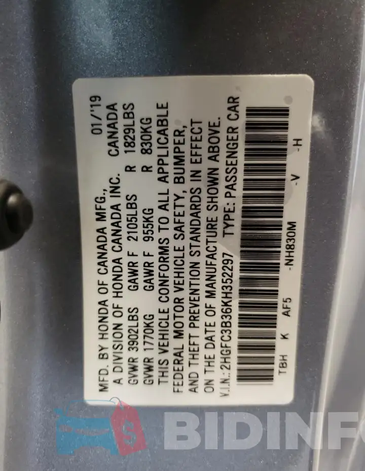 2HGFC3B36KH352297 Photo# 12