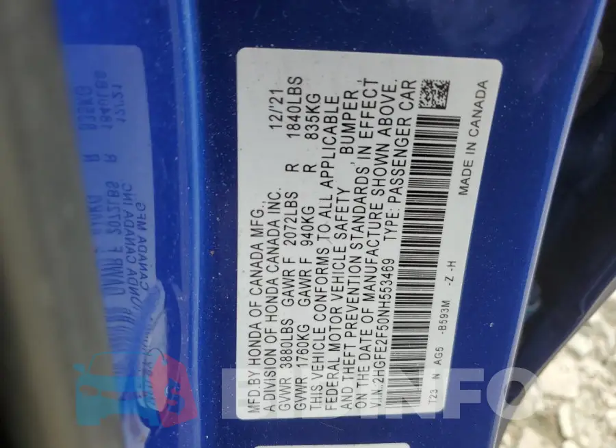 2HGFE2F50NH553469 Photo# 12