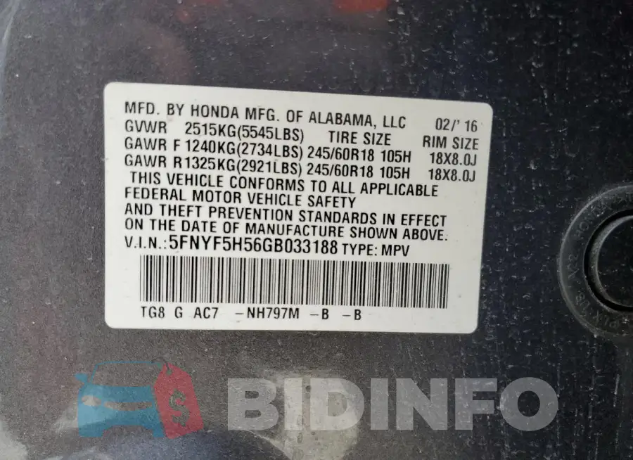 5FNYF5H56GB033188 Photo# 13