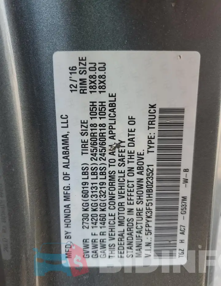 5FPYK3F51HB023521 Photo# 12