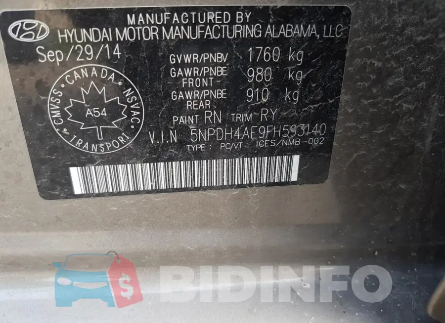 5NPDH4AE9FH593140 Photo# 12