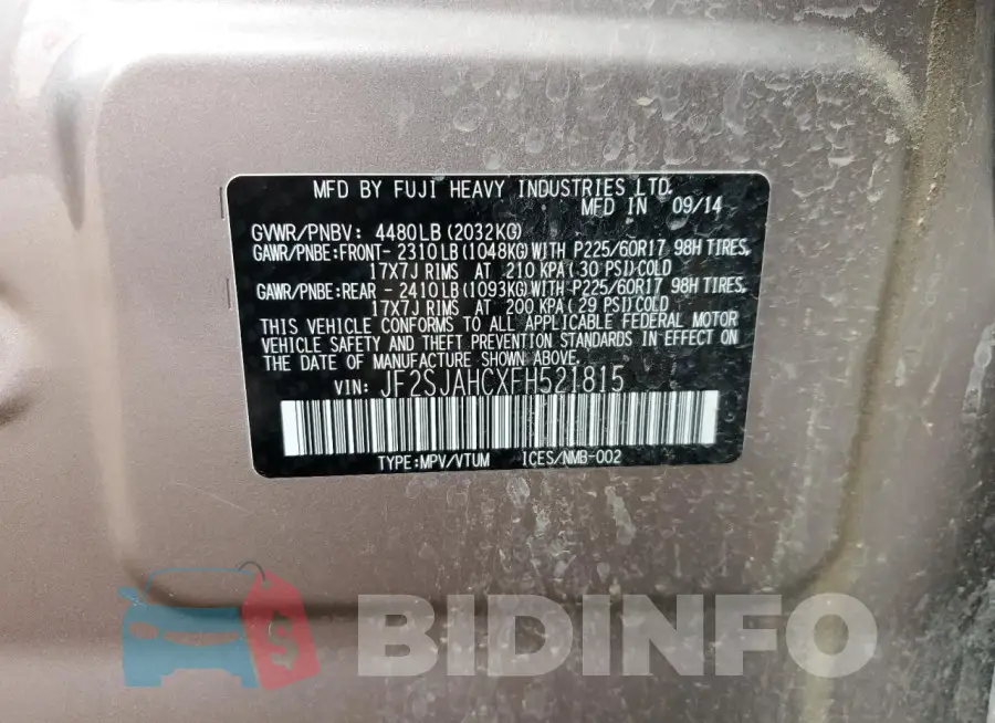 JF2SJAHCXFH521815 Photo# 14