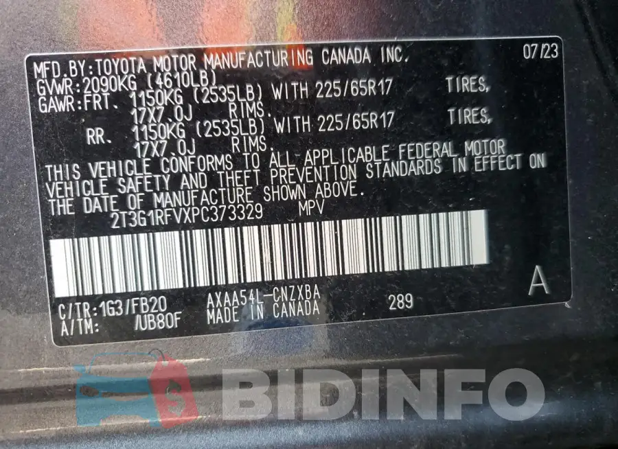 2T3G1RFVXPC373329 Photo# 13