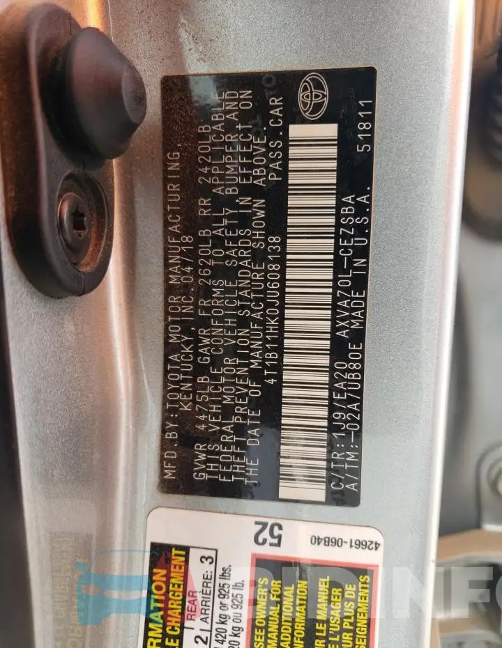4T1B11HK0JU608138 Photo# 12