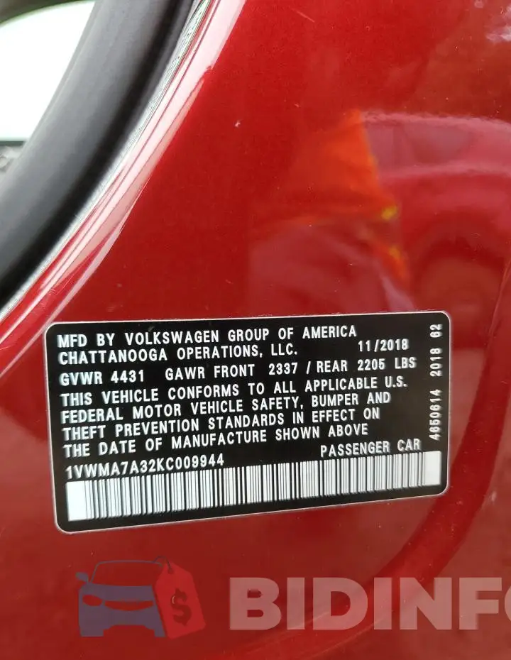 1VWMA7A32KC009944 Photo# 12