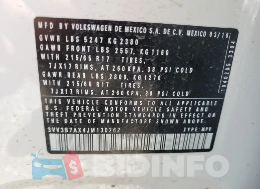 3VV3B7AX4JM130262 Photo# 13