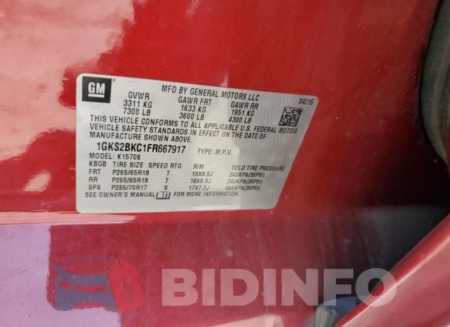 1GKS2BKC1FR667917 Photo# 13