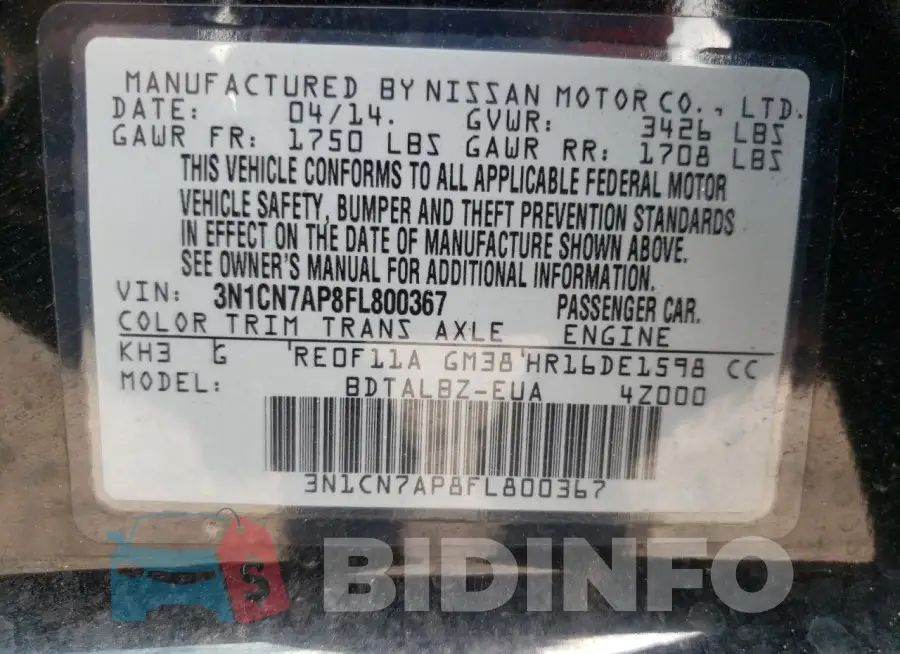 3N1CN7AP8FL800367 Photo# 13