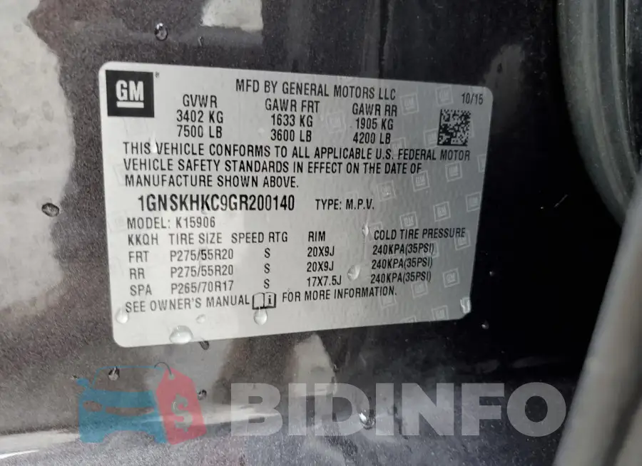 1GNSKHKC9GR200140 Photo# 13