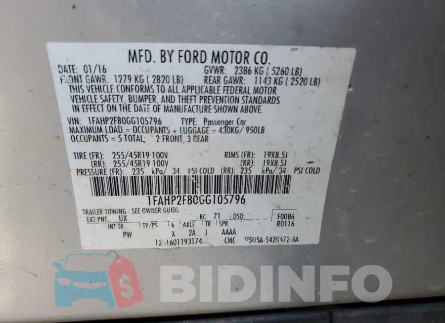 1FAHP2F80GG105796 Photo# 13