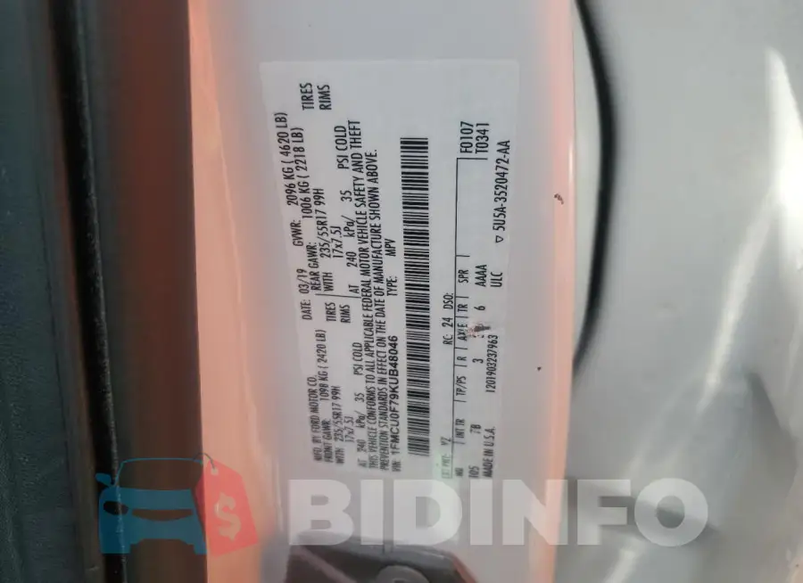 1FMCU0F79KUB48046 Photo# 13