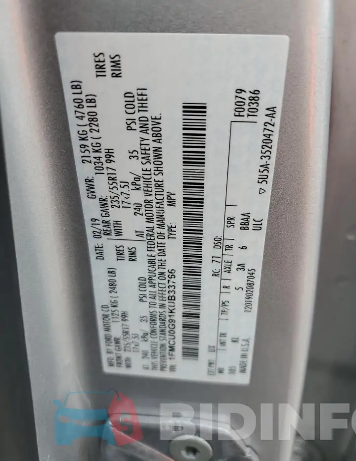 1FMCU0G91KUB33766 Photo# 13