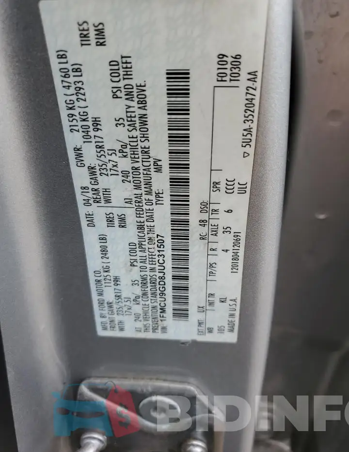 1FMCU9GD8JUC31507 Photo# 12