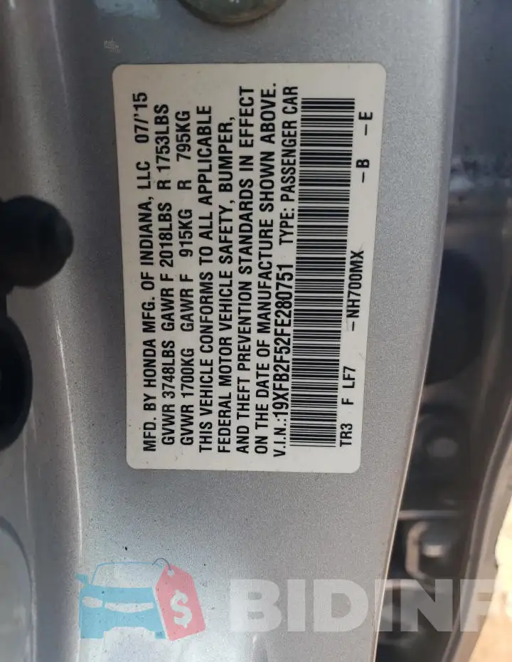 19XFB2F52FE280751 Photo# 12