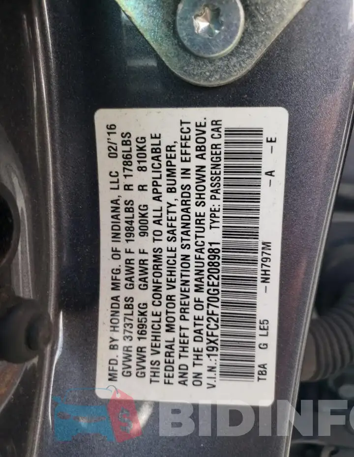 19XFC2F70GE208981 Photo# 12