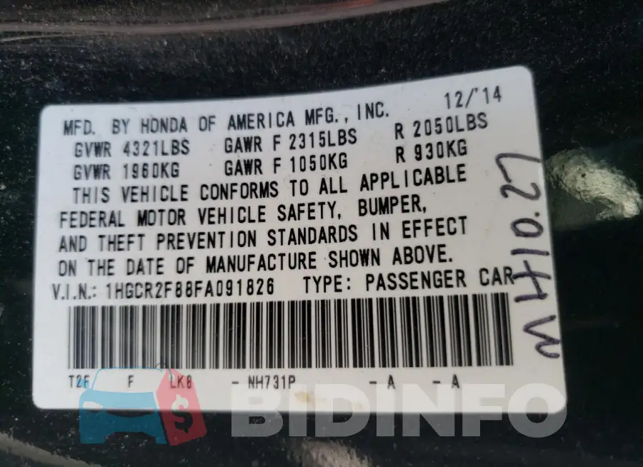 1HGCR2F88FA091826 Photo# 12