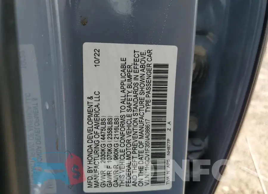 1HGCV1F35NA088617 Photo# 12