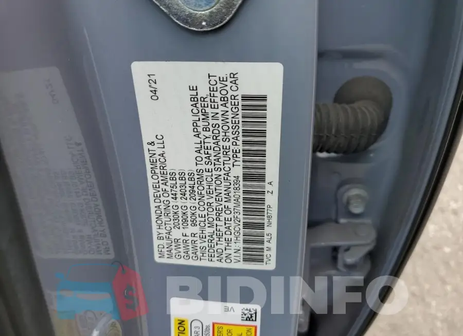 1HGCV2F37MA018394 Photo# 12