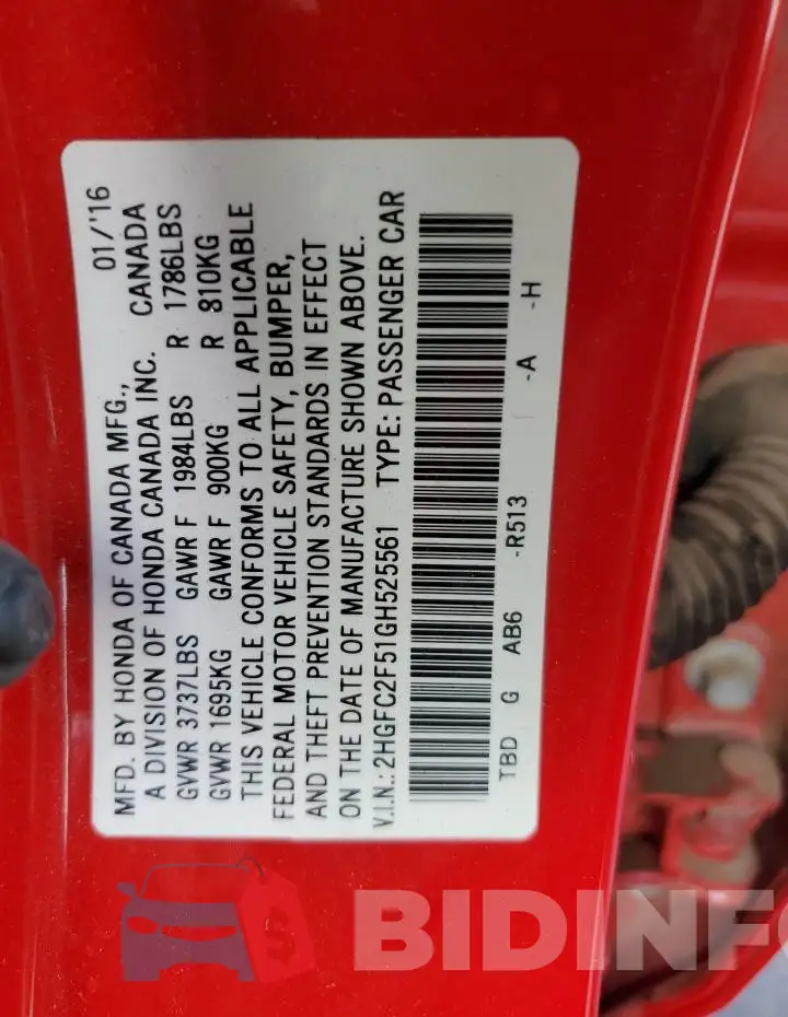 2HGFC2F51GH525561 Photo# 12