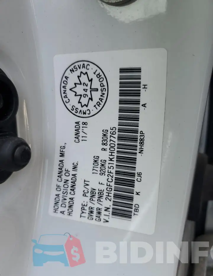 2HGFC2F51KH007765 Photo# 13