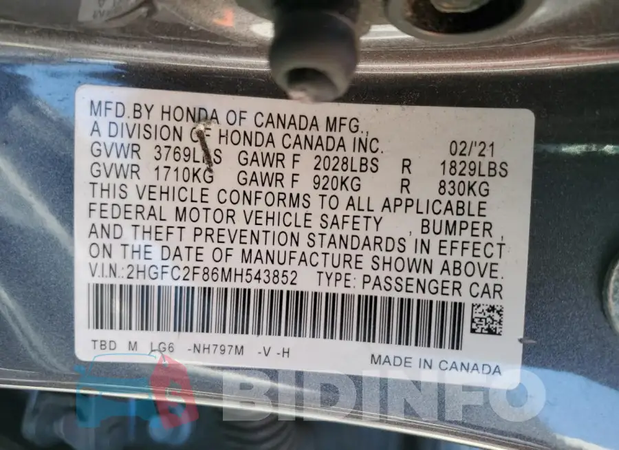 2HGFC2F86MH543852 Photo# 12