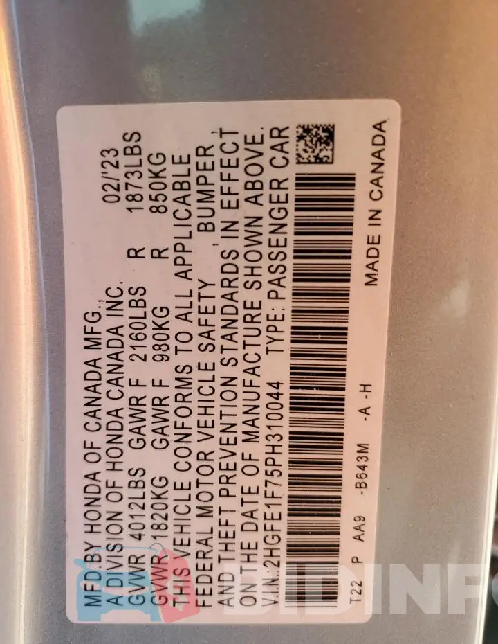 2HGFE1F75PH310044 Photo# 12