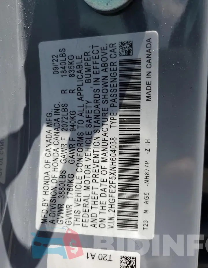 2HGFE2F5XNH604038 Photo# 13