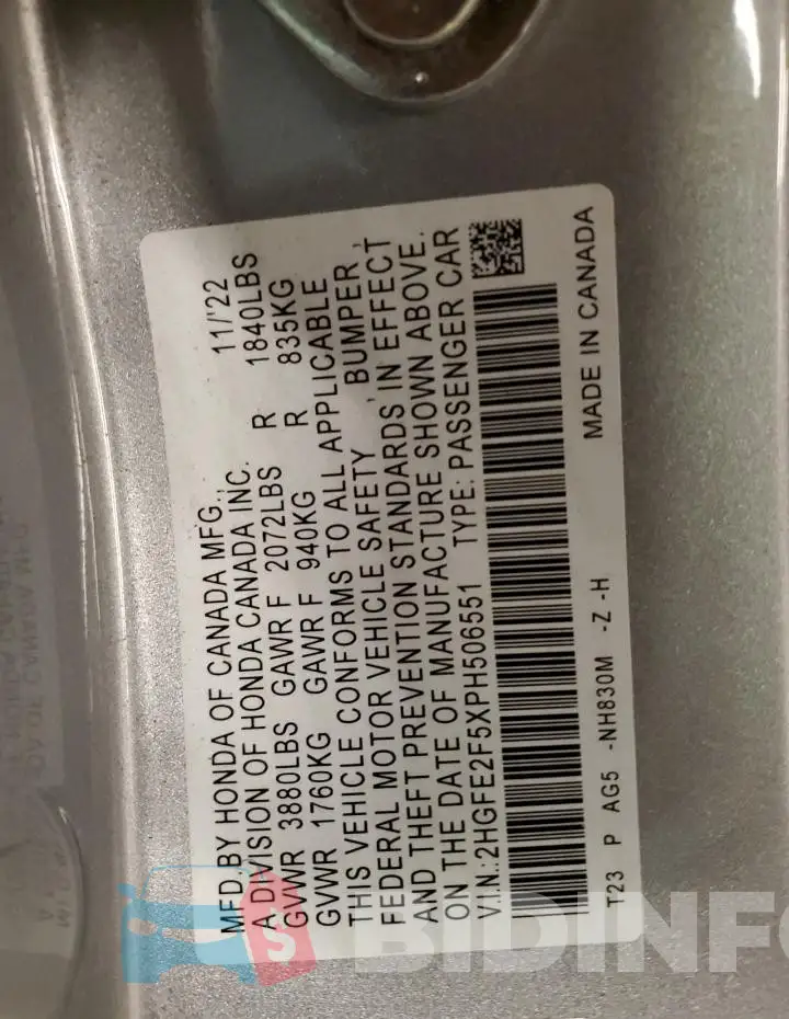 2HGFE2F5XPH506551 Photo# 12