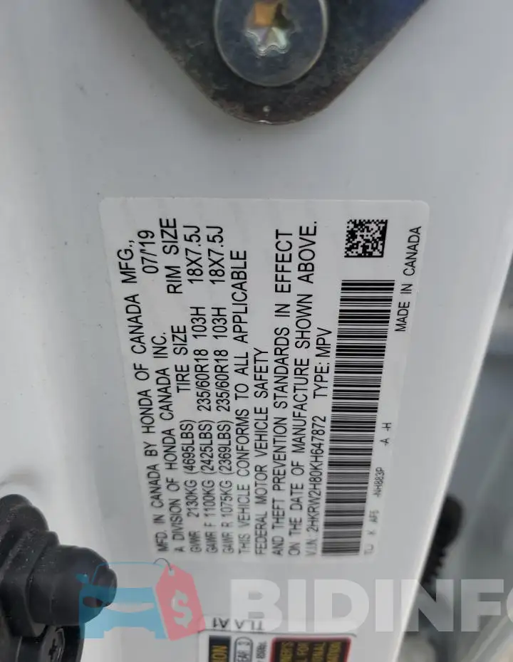 2HKRW2H80KH647872 Photo# 13
