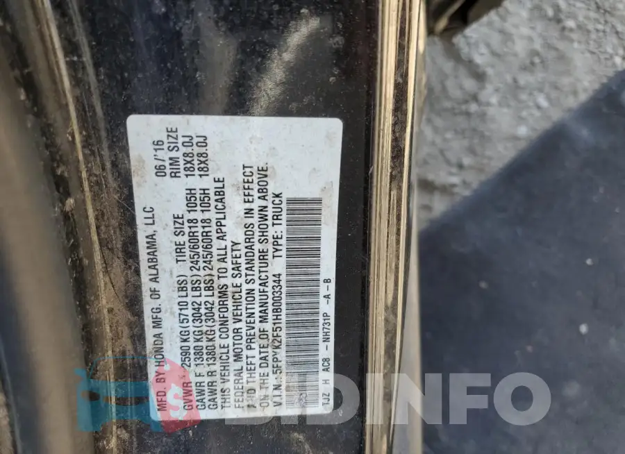 5FPYK2F51HB003344 Photo# 12