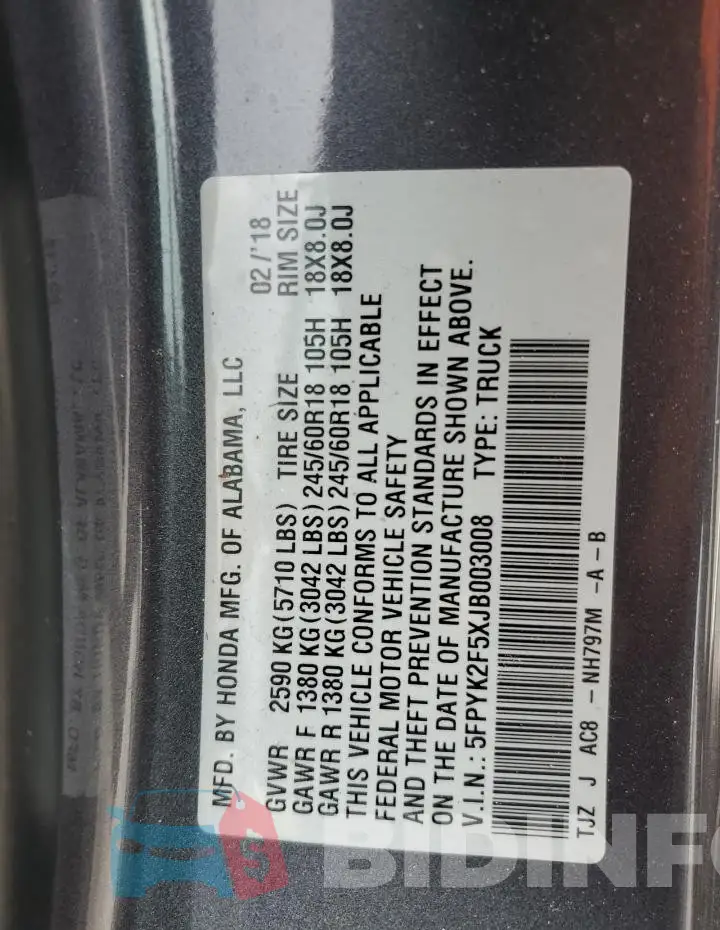 5FPYK2F5XJB003008 Photo# 13