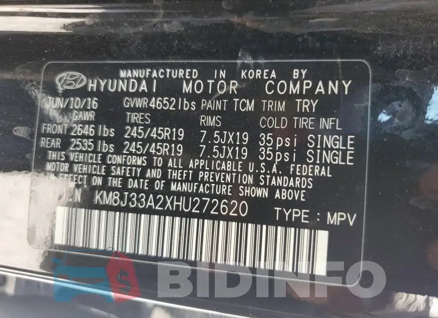 KM8J33A2XHU272620 Photo# 13