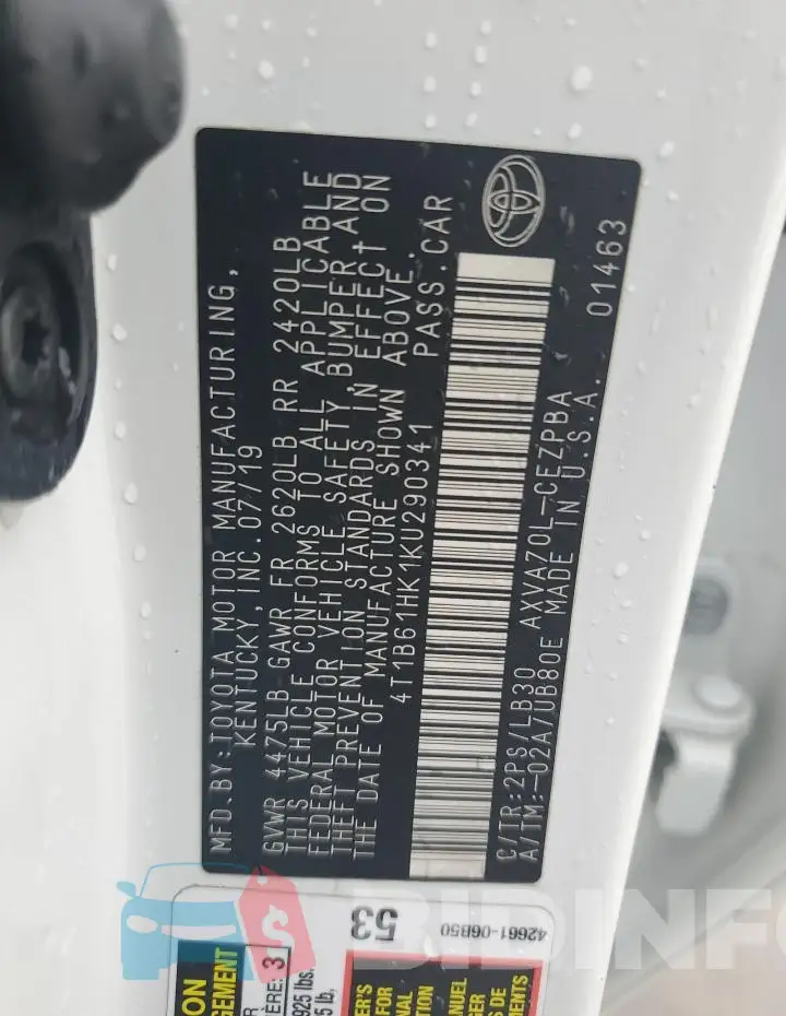 4T1B61HK1KU290341 Photo# 13