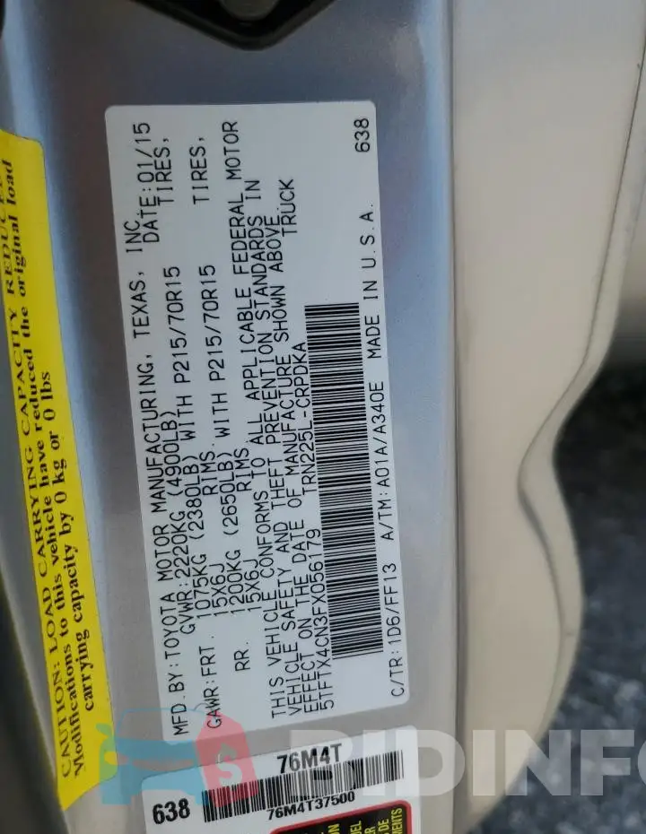 5TFTX4CN3FX056179 Photo# 13