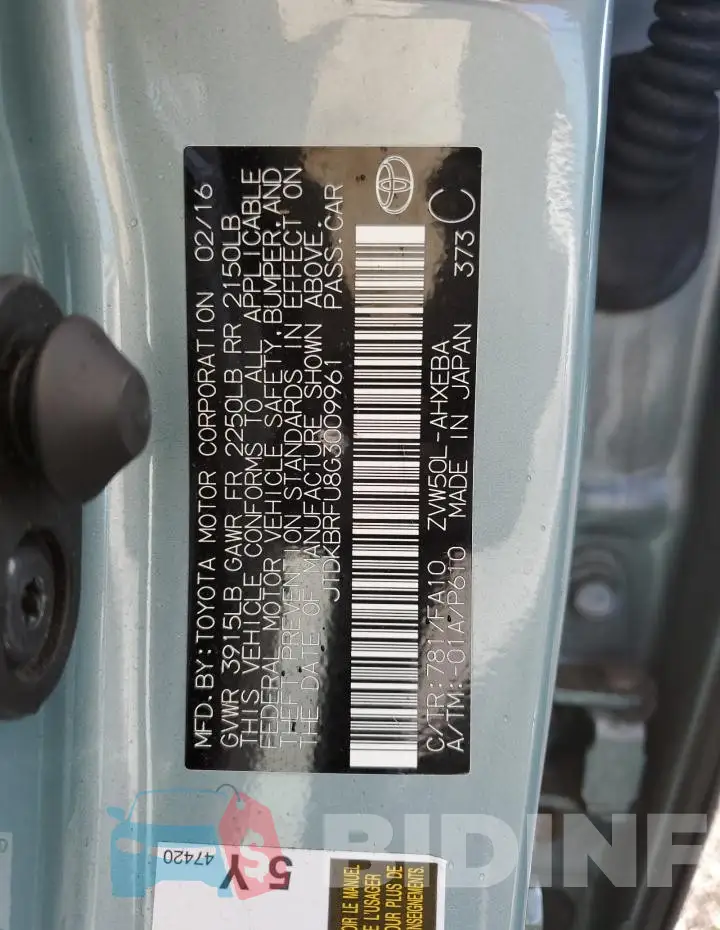 JTDKBRFU8G3009961 Photo# 12