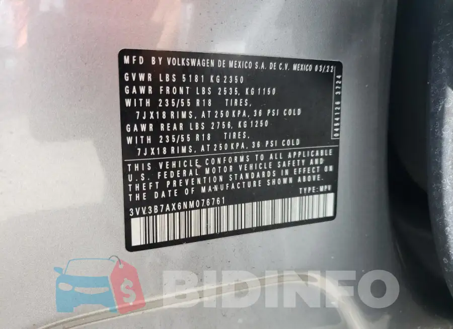 3VV3B7AX6NM076761 Photo# 13