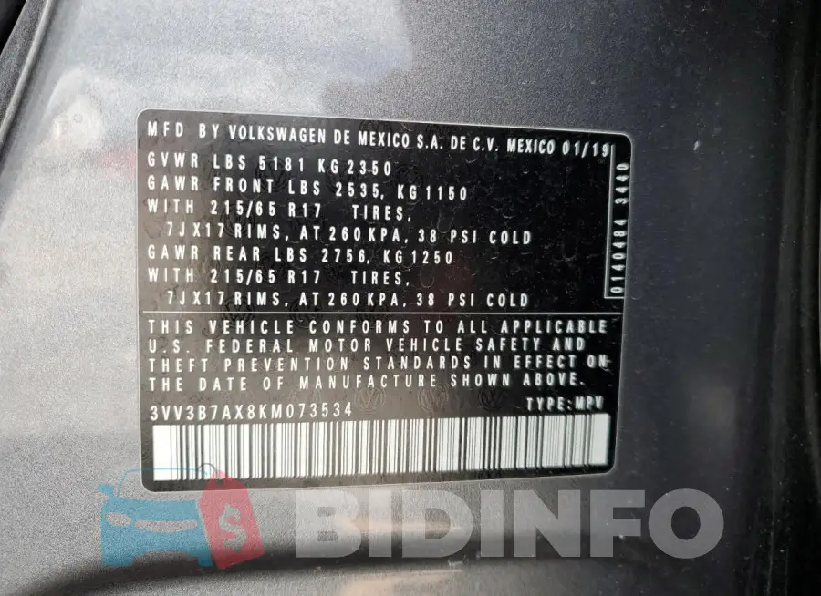 3VV3B7AX8KM073534 Photo# 13
