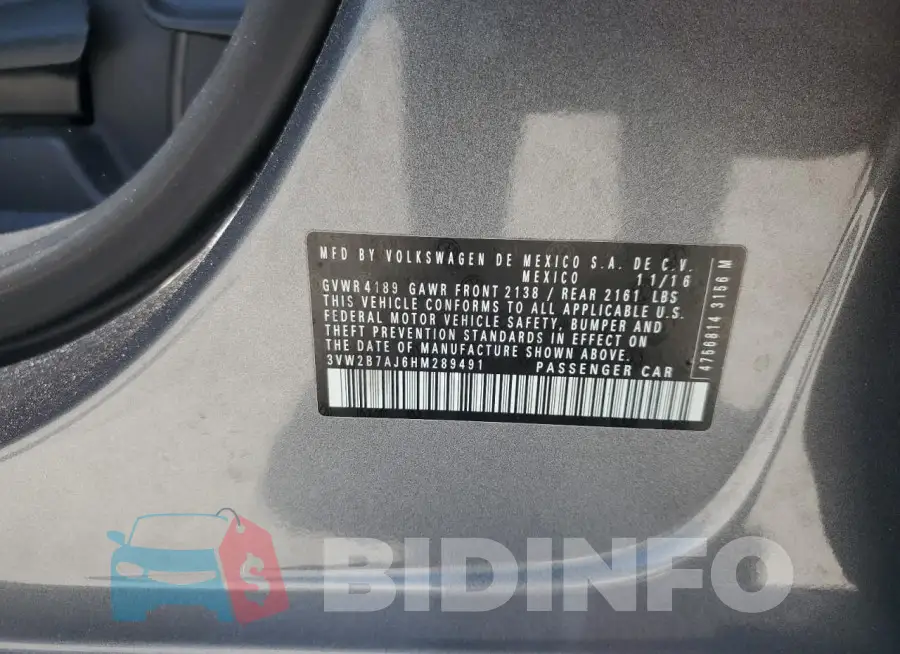 3VW2B7AJ6HM289491 Photo# 13