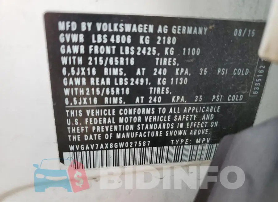 WVGAV7AX8GW027587 Photo# 14