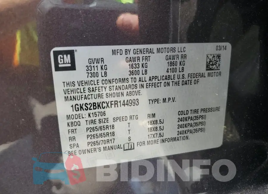 1GKS2BKCXFR144993 Photo# 13