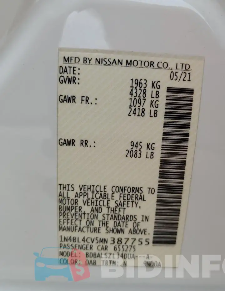 1N4BL4CV5MN387755 Photo# 12