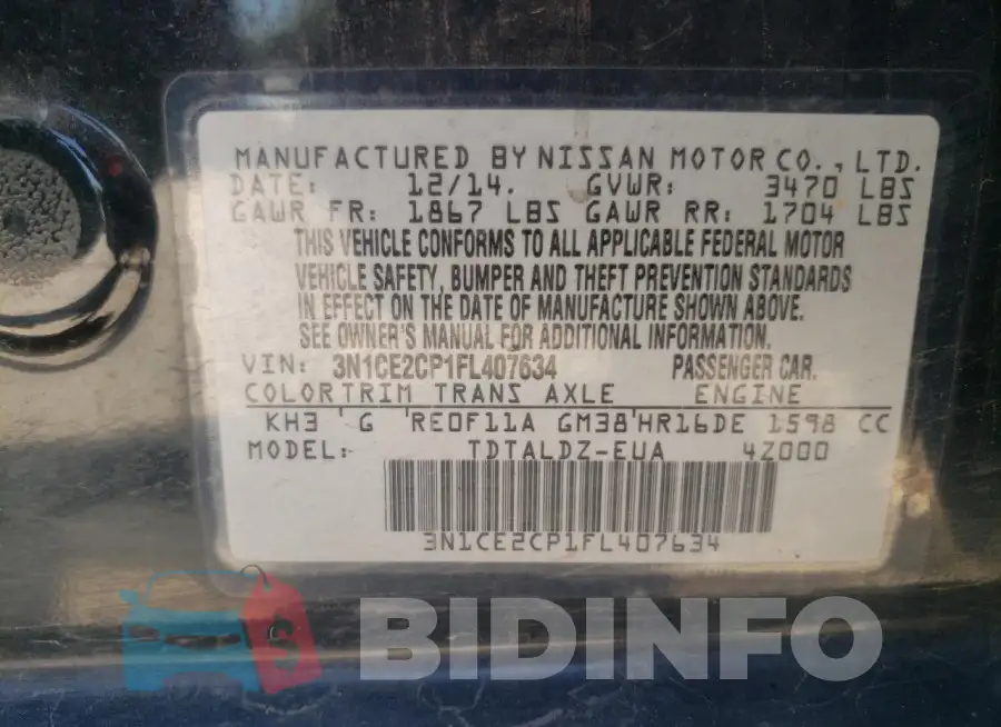 3N1CE2CP1FL407634 Photo# 12