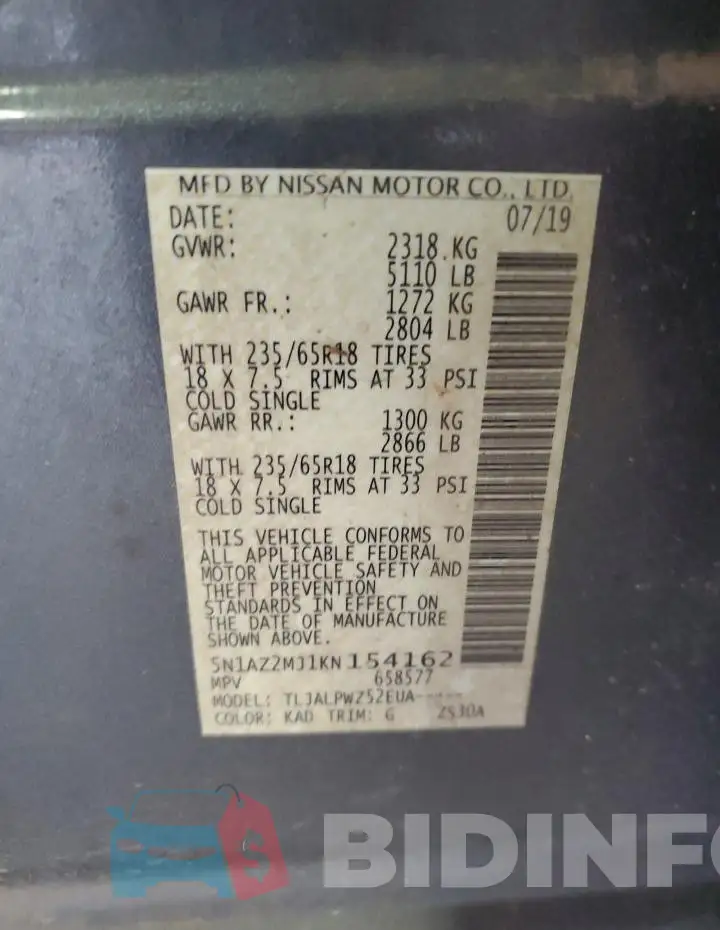 5N1AZ2MJ1KN154162 Photo# 14