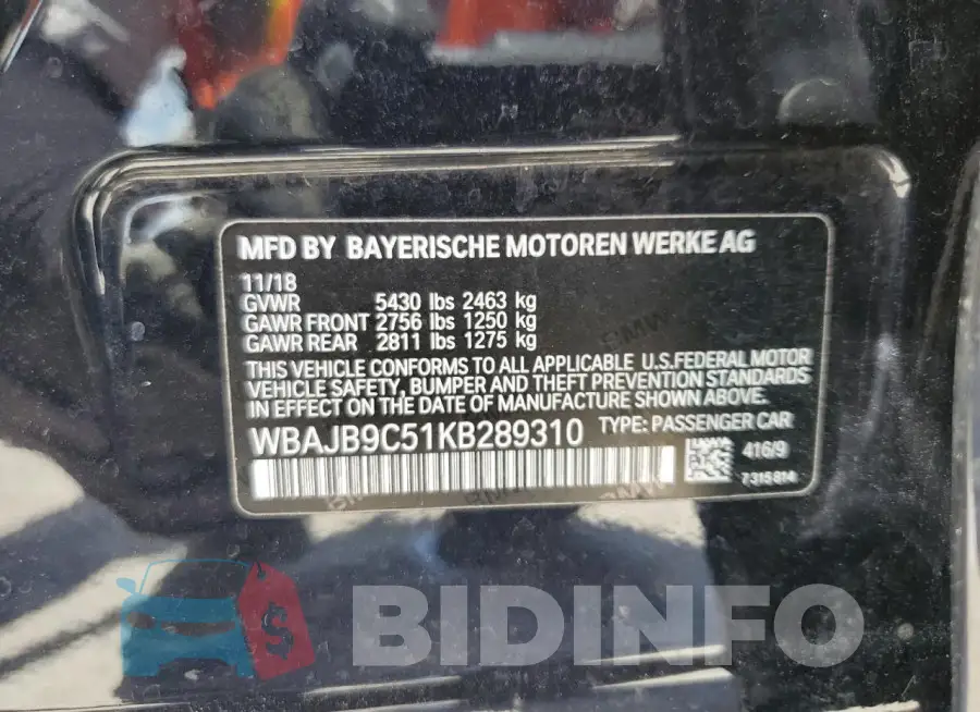 WBAJB9C51KB289310 Photo# 12