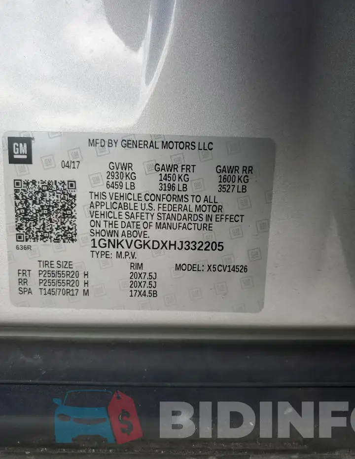 1GNKVGKDXHJ332205 Photo# 14