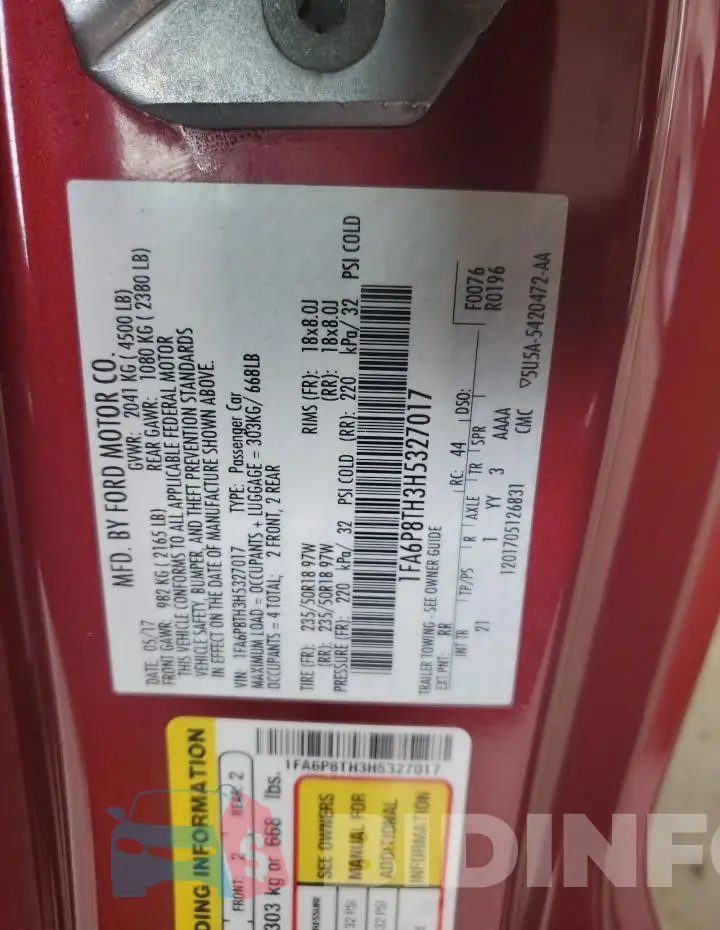1FA6P8TH3H5327017 Photo# 12